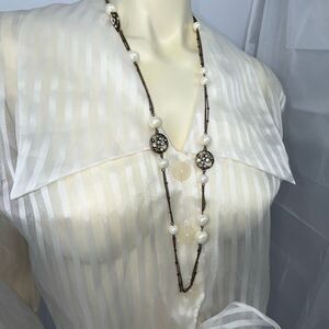 Ralph Lauren RL 32” Pearl Rhinestone Medallion Long Necklace Bronze Tone Stateme